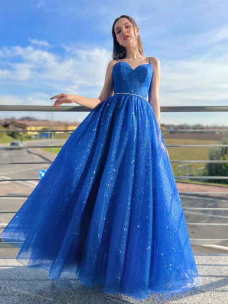 Shiny V Neck Open Back Blue Tulle Long Prom Dresses, Blue Tulle Formal Dresses, Blue Evening Dresses