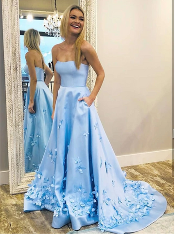 A Line Sweetheart Sky Blue 3D Floral Applique Long Prom Dresses With Pocket,  Sky Blue 3D Floral Applique Formal Evening Dresses
