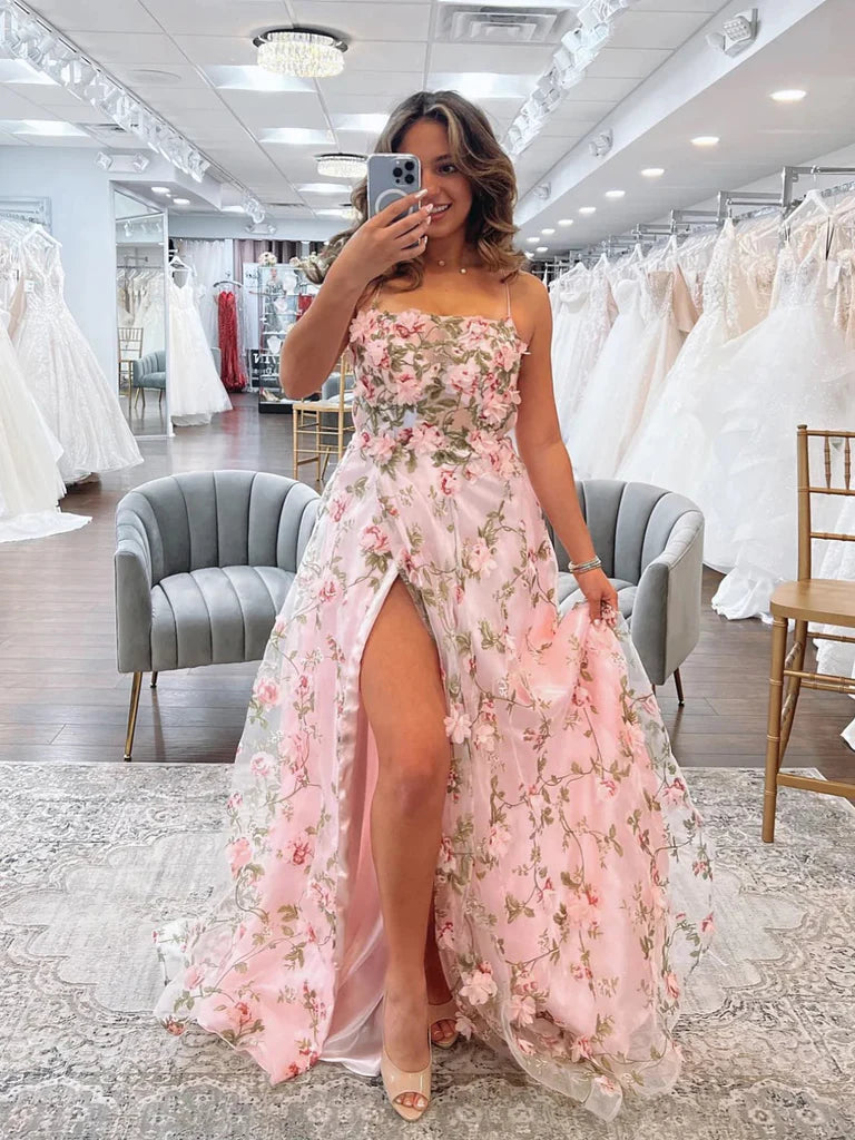 A Line Pink Floral Long Prom Dresses with High Slit, Long Pink Formal Graduation Evening Dresses with 3D Flowers