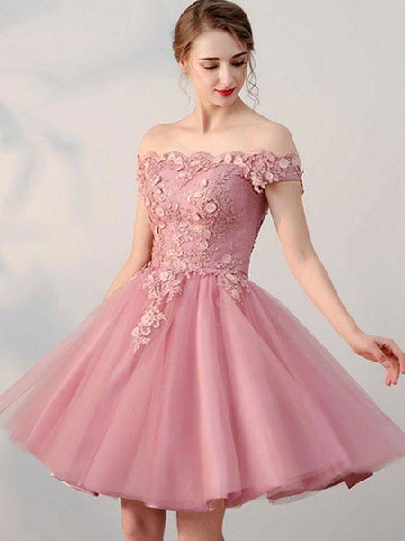 Off-the-shoulder Pink tulle lace short prom dress, pink tulle lace graduation homecoming dress