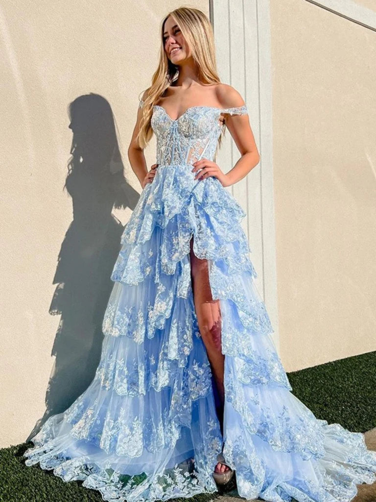 V Neck Pink/Blue/White Lace Layered Long Prom Dresses with High Slit, Pink/Blue/White Lace Formal Evening Dresses V Neck Pink/Blue/White Lace Layered Long Prom Dresses with High Slit, Pink/Blue/White Lace Formal Evening Dresses
