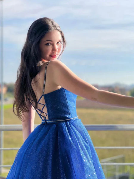 Shiny V Neck Open Back Blue Tulle Long Prom Dresses, Blue Tulle Formal Dresses, Blue Evening Dresses