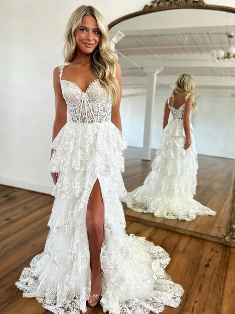 V Neck Pink/Blue/White Lace Layered Long Prom Dresses with High Slit, Pink/Blue/White Lace Formal Evening Dresses V Neck Pink/Blue/White Lace Layered Long Prom Dresses with High Slit, Pink/Blue/White Lace Formal Evening Dresses
