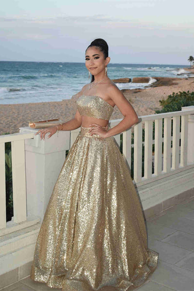 Emerald Green/Gold Sequins Two Piece Prom Dress with Pockets, Two Pieces Formal Evening Dresses