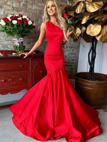 Red mermaid one shoulder satin long prom dress, Red mermaid one shoulder formal evening dress