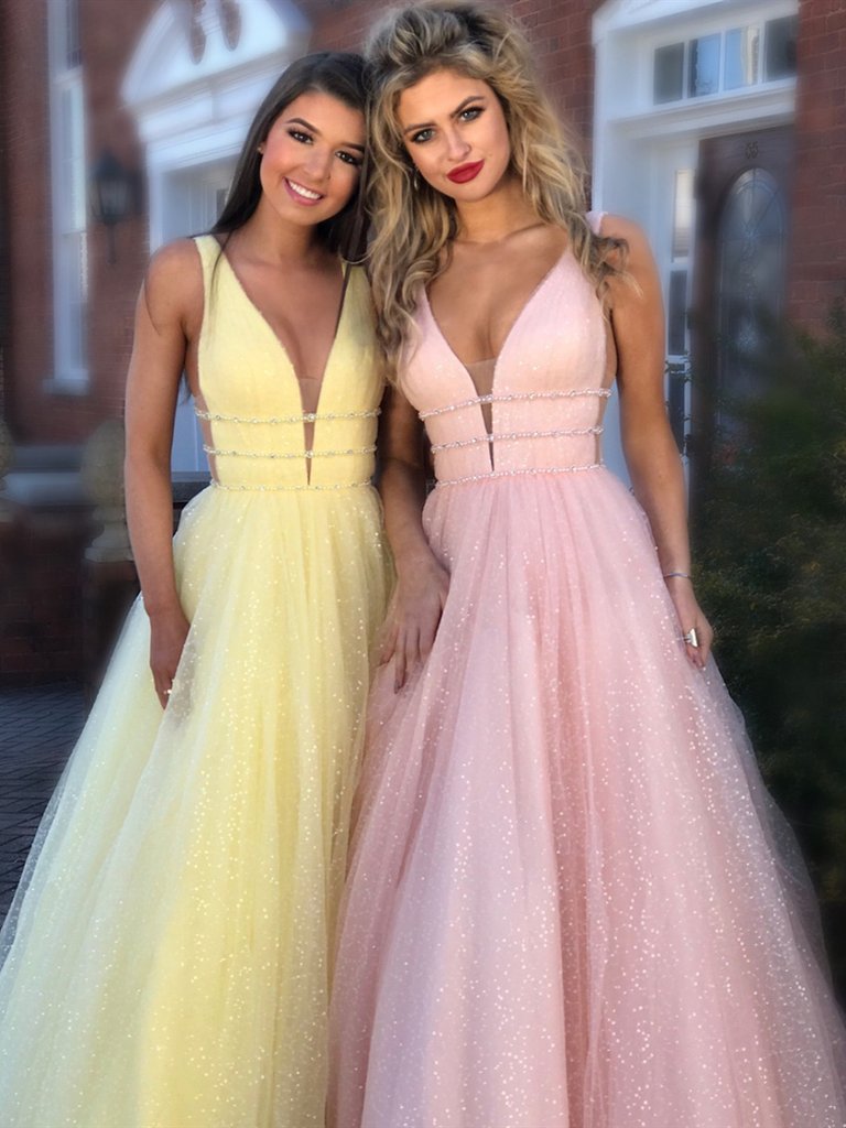 V Neck Yellow/Pink/Light Blue Long Prom Dresses, Yellow/Pink/Light Blue Formal Evening Dresses