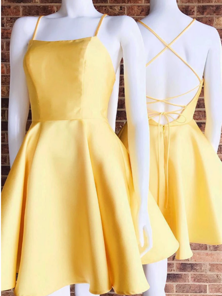 Custom Made Yellow Spaghetti Straps Short Satin Prom Homecoming Dress , Short Backless School Dance Dress 