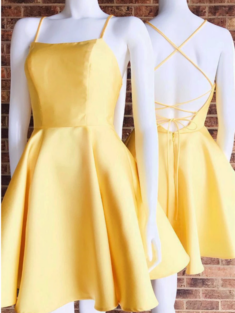 Custom Made Yellow Spaghetti Straps Short Satin Prom Homecoming Dress morievent Custom Made Yellow Spaghetti Straps Short Satin Prom Homecoming Dress morievent