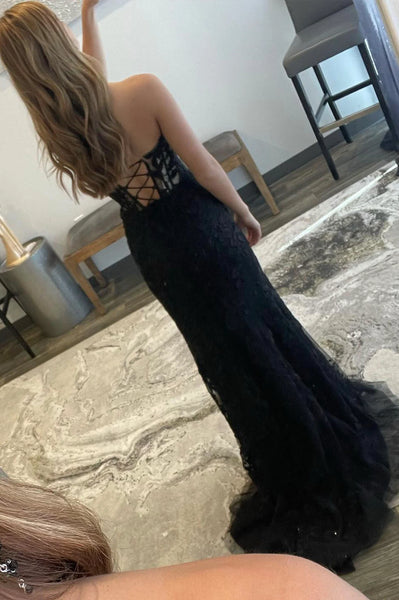 Black Mermaid Lace Long Prom Dress with Slit,  Sweetheart Neck Black Strapless Evening Party Dress