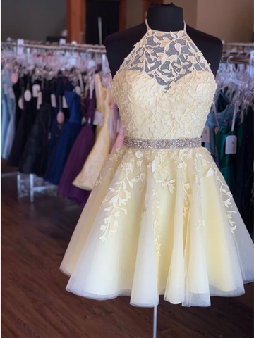 A Line Yellow Tulle Lace Short Prom Dress, Yellow Tulle Lace Short Homecoming Dress