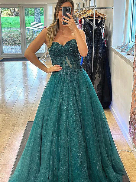 Strapless Green Pink  Lace Long Prom Dresses, Strapless Green Pink Lace Formal Evening Dresses