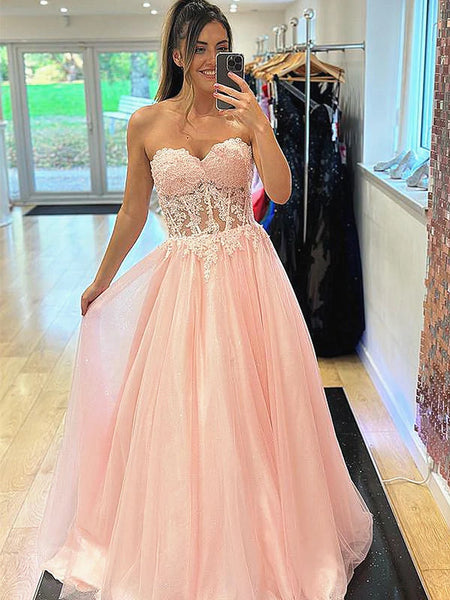 Strapless Green Pink  Lace Long Prom Dresses, Strapless Green Pink Lace Formal Evening Dresses