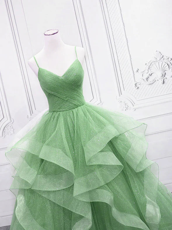 A Line V Neck Green Lace Long Prom Dresses, Green Lace Formal Dresses, –  Shiny Party