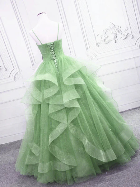 V Neck Open Back Light Green Tulle Long Prom Dresses, Shiny Light Green Formal Evening Dresses, Light Green Ball Gown