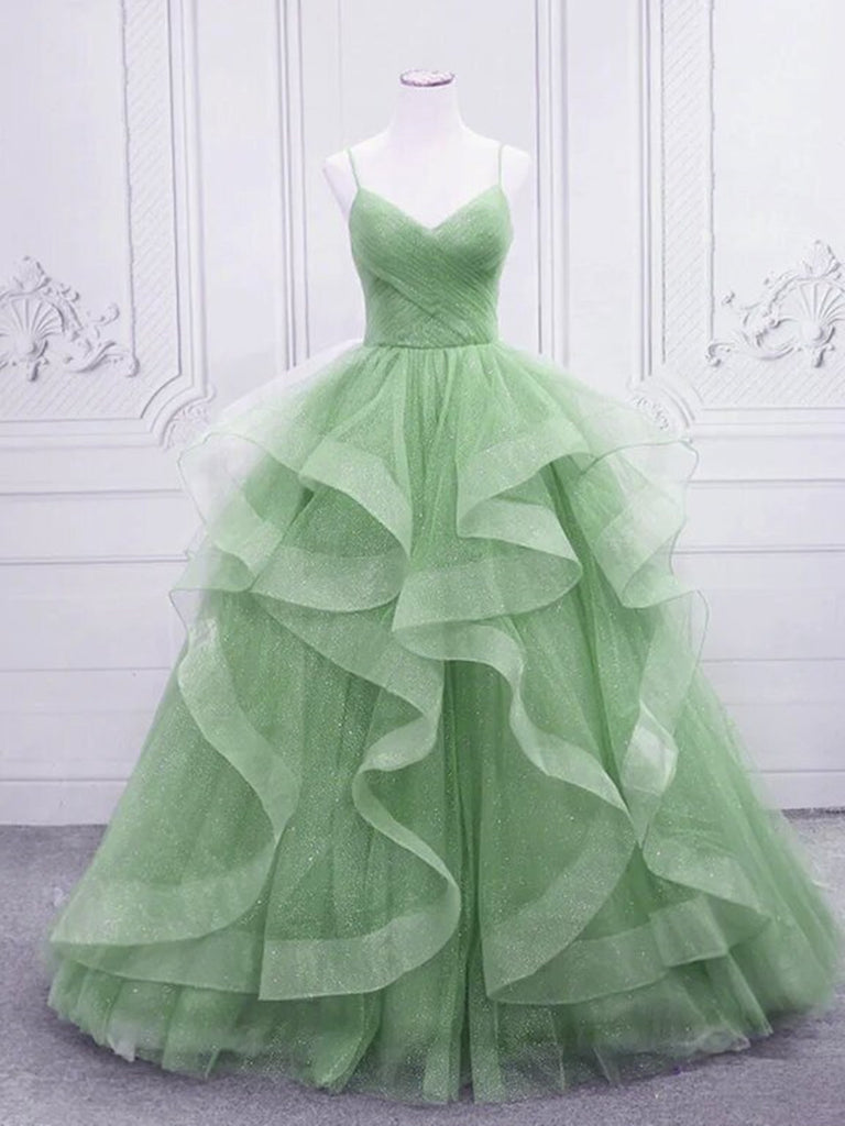 V Neck Open Back Light Green Tulle Long Prom Dresses, Shiny Light Gree morievent V Neck Open Back Light Green Tulle Long Prom Dresses, Shiny Light Gree morievent