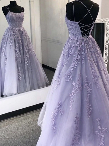 Lavender Applique Tulle Long Prom Dresses with Sweep Train, Purple Lace Graduation Dresses Formal Dresses