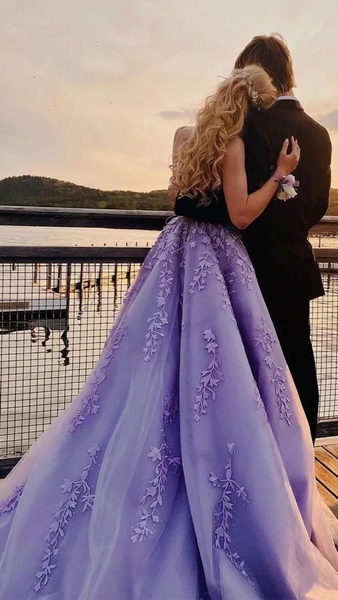 Lavender Applique Tulle Long Prom Dresses with Sweep Train, Purple Lace Graduation Dresses Formal Dresses