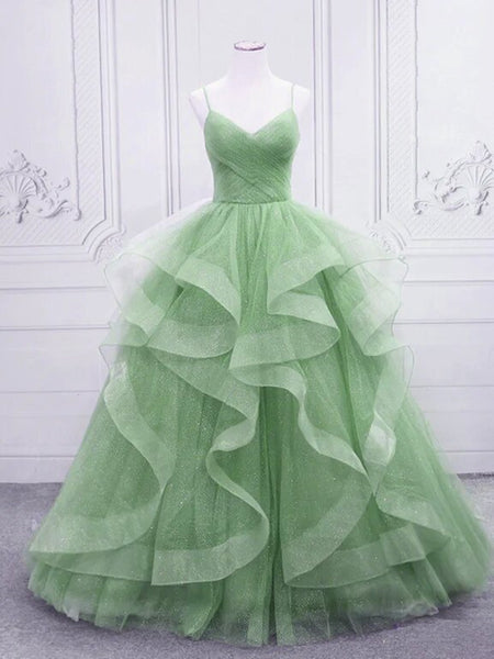 V Neck Open Back Light Green Tulle Long Prom Dresses, Shiny Light Green Formal Evening Dresses, Light Green Ball Gown