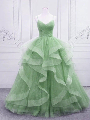 V Neck Open Back Light Green Tulle Long Prom Dresses, Shiny Light Green Formal Evening Dresses, Light Green Ball Gown