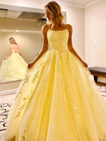 Yellow Backless Tulle Lace Long Prom Dresses, Open Back Yellow Lace Formal Evening Dresses