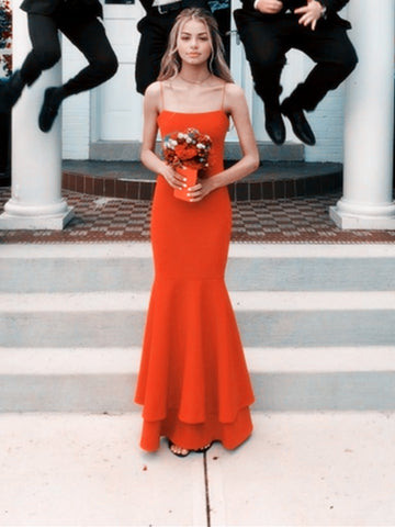 Red Spaghetti Straps Mermaid Prom Dresses, Red Floor Length Formal Dresses, Mermaid Graduation Dresses