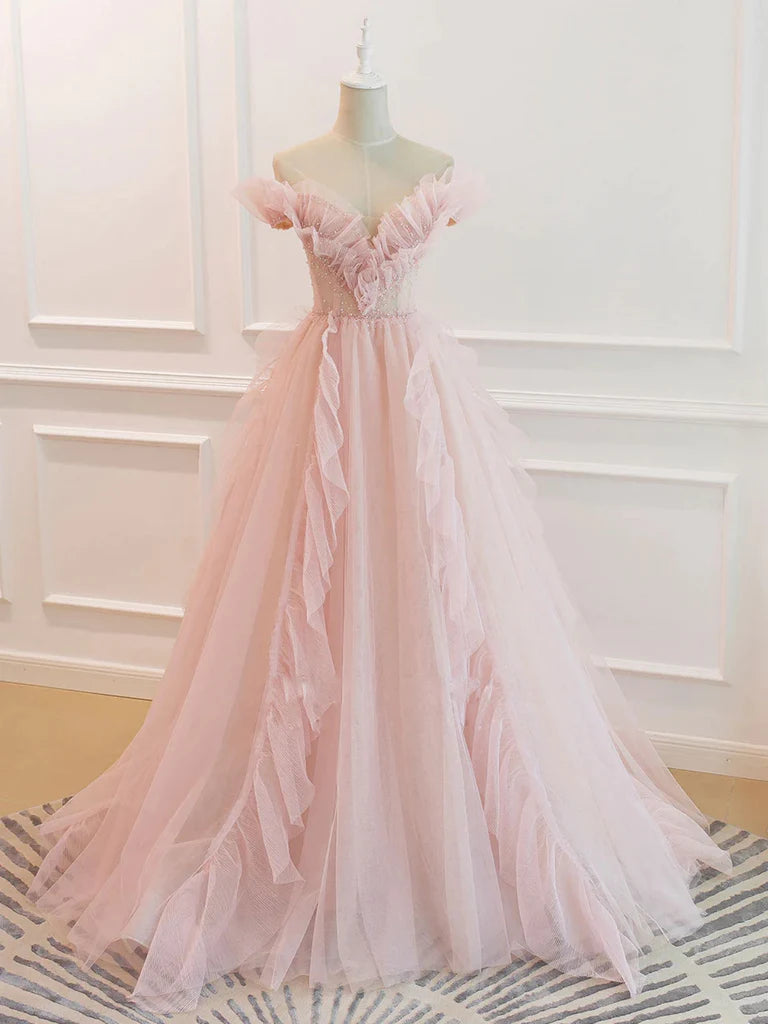 Elegant Off the Shoulder Pink Tulle Long Prom Dresses, Off Shoulder Pi morievent Elegant Off the Shoulder Pink Tulle Long Prom Dresses, Off Shoulder Pi morievent