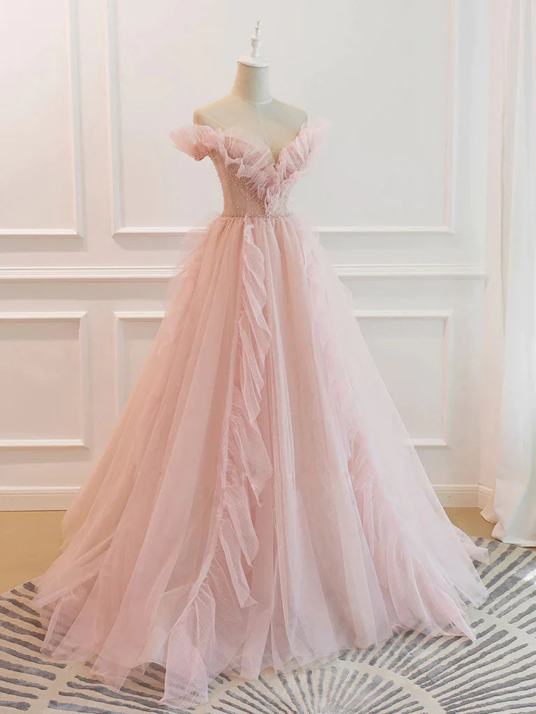 Elegant Off the Shoulder Pink Tulle Long Prom Dresses, Off Shoulder Pi morievent Elegant Off the Shoulder Pink Tulle Long Prom Dresses, Off Shoulder Pi morievent
