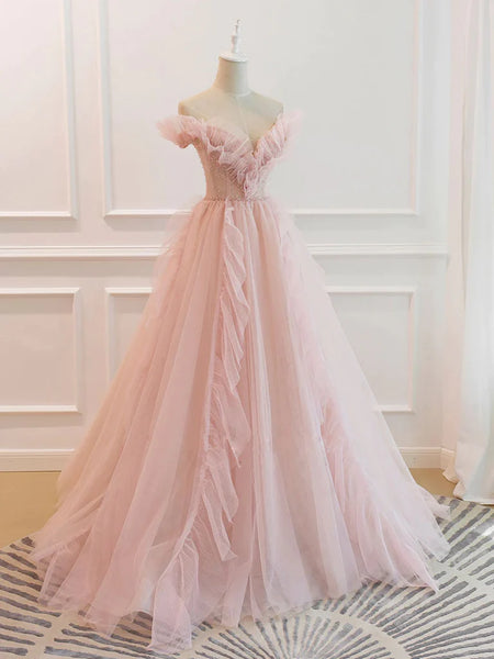 Elegant Off the Shoulder Pink Tulle Long Prom Dresses, Off Shoulder Pink Formal Dresses, Pink Evening Dresses