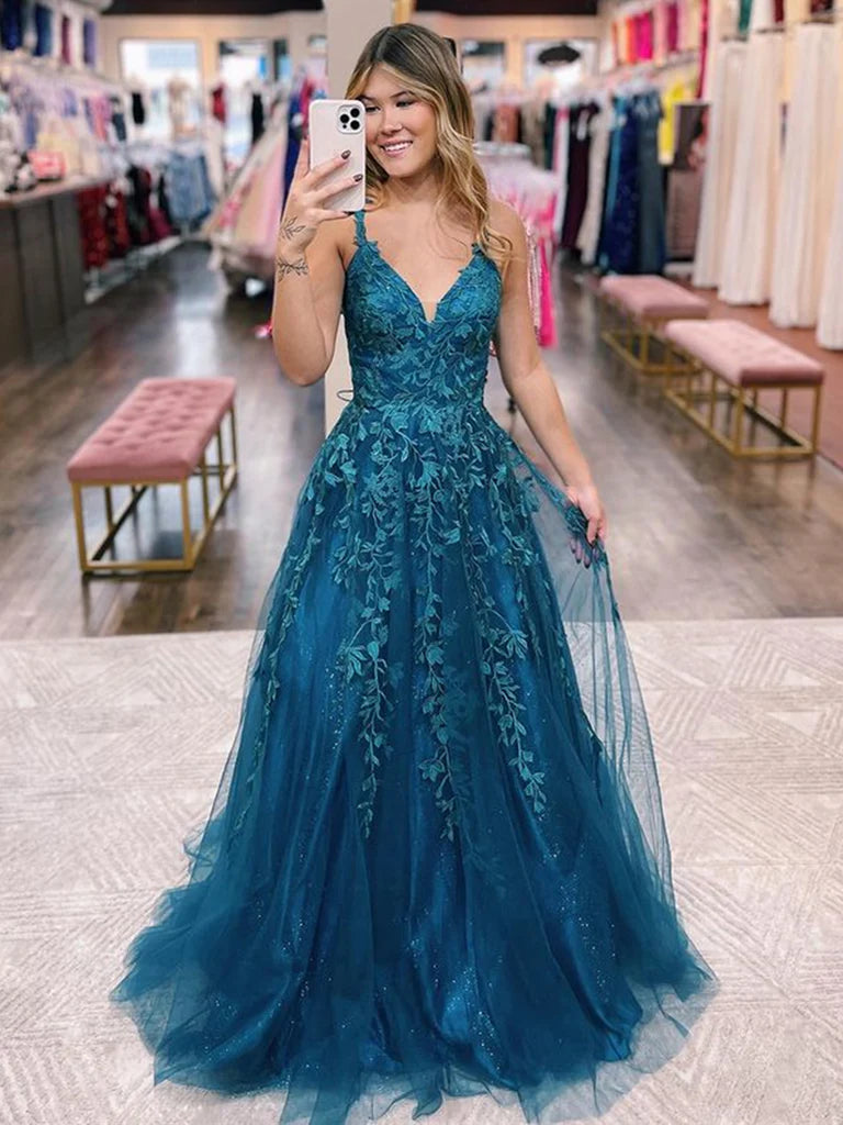V Neck Open Back Blue Lace Long Prom Dress, Blue Lace Formal Dress, Bl morievent V Neck Open Back Blue Lace Long Prom Dress, Blue Lace Formal Dress, Bl morievent