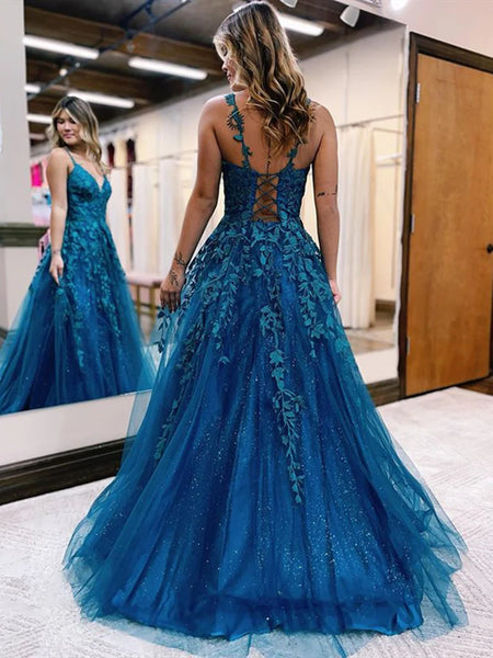 V Neck Open Back Blue Lace Long Prom Dress, Blue Lace Formal Dress, Blue Evening Dress