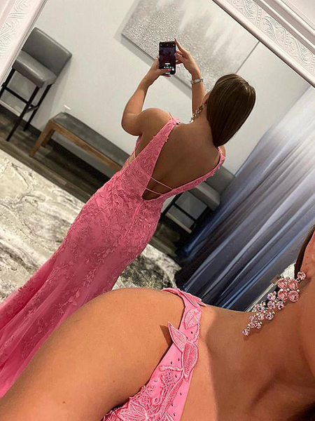 V Neck Pink Lace Mermaid Prom Dresses, Pink Lace Mermaid Formal Graduation Dresses