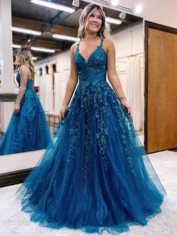 V Neck Open Back Blue Lace Long Prom Dress, Blue Lace Formal Dress, Blue Evening Dress