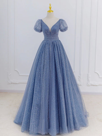 Gray Blue A Line Tulle Long Prom Dresses, Blue Tulle Formal Dresses