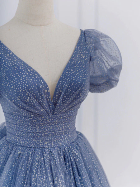 Gray Blue A Line Tulle Long Prom Dresses, Blue Tulle Formal Dresses