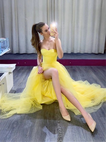 Sweetheart Neck Yellow Tulle Long Prom Dresses , Yellow Tulle Long Formal Evening Graduation Dresses