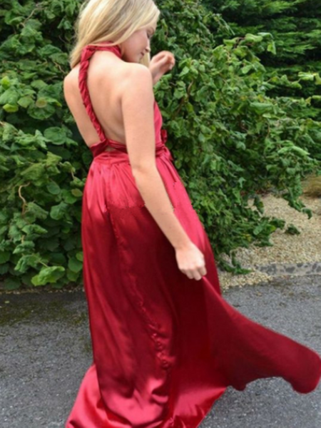 Elegant A Line Deep V Neck Backless Red Satin Long Prom Dresses, Simple  V Neck Backless Red Evening Formal Party Dresses