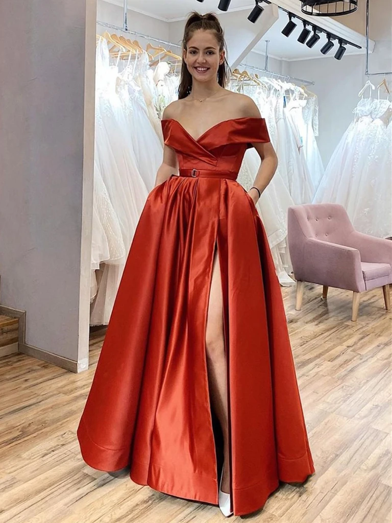 red silk off the shoulder prom dress Red Satin Lace Long Prom Dress, Off Shoulder Evening Party Dress