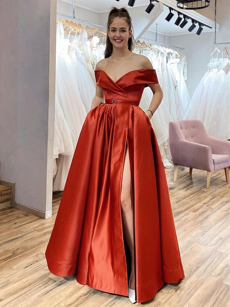 Off the Shoulder Red Satin Long Prom Dresses With High Leg Slit, Off Shoulder Red Formal Evening Dresses