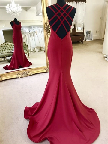 Elegant Sweetheart Neck Strappy Backless Mermaid Burgundy  Prom Dresses with Sweep Train, Open Back Burgundy Mermaid Satin Long Formal Evening Dresses