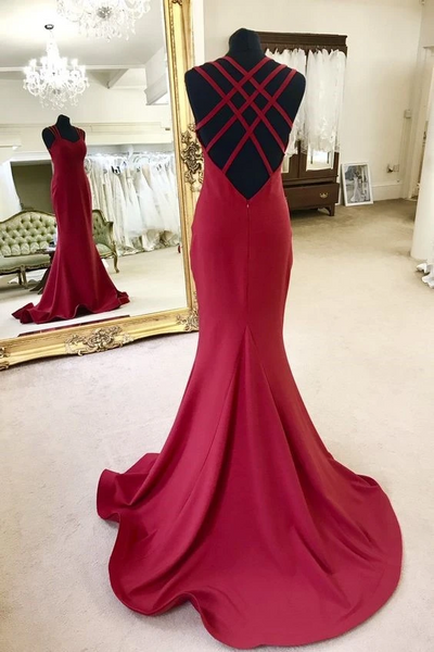 Elegant Sweetheart Neck Strappy Backless Mermaid Burgundy  Prom Dresses with Sweep Train, Open Back Burgundy Mermaid Satin Long Formal Evening Dresses