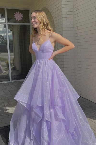 V Neck Purple Tulle Long Prom Dresses, V Neck Purple Tulle Long Formal Evening Dresses