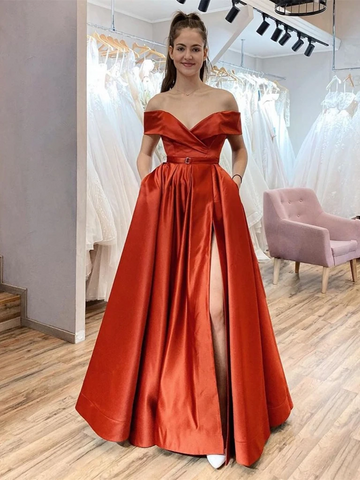 Off the Shoulder Red Satin Long Prom Dresses With High Leg Slit, Off Shoulder Red Formal Evening Dresses