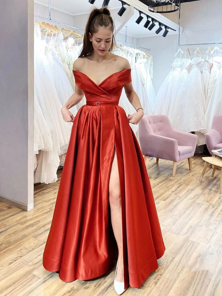 Off the Shoulder Red Satin Long Prom Dresses With High Leg Slit, Off Shoulder Red Formal Evening Dresses