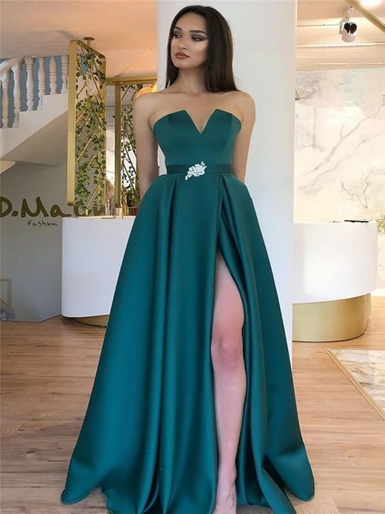 Strapless Emerald Green Satin Thigh high Slit Prom Dresses, Strapless morievent Strapless Emerald Green Satin Thigh high Slit Prom Dresses, Strapless morievent