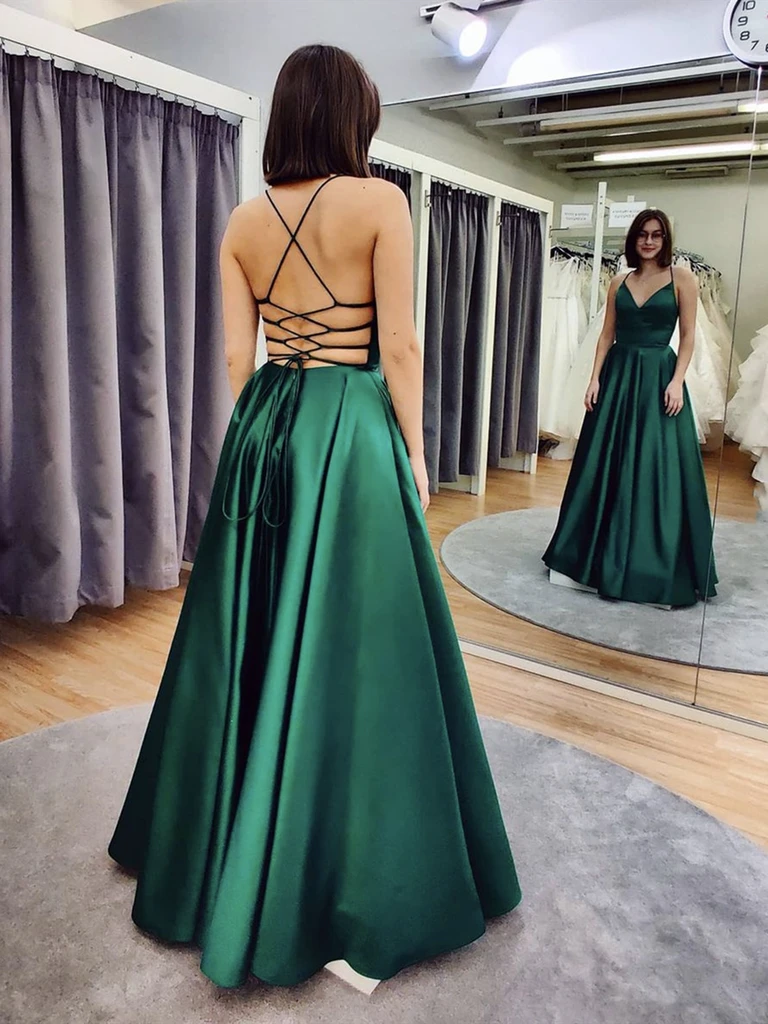 V Neck Backless Satin Green long Prom Dresses Open Back Green Satin Formal Evening Dresses