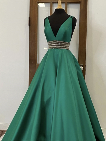 V Neck Emerald Green Satin Long Prom Dresses, Green Beaded Long Formal Evening Dresses