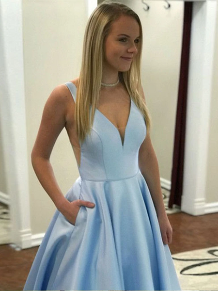 A Line V Neck Light Blue Satin Long Prom Dresses with Pocket, V Neck Light Blue Formal Graduation Evening Dresses