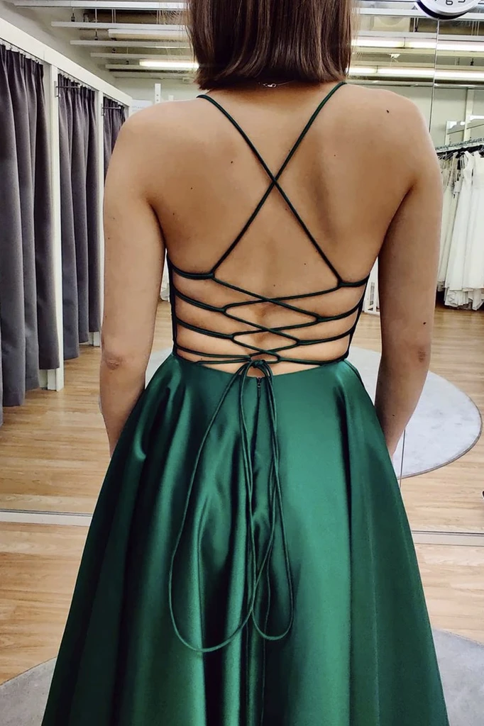 V Neck Backless Satin Green long Prom Dresses, Open Back Green Satin F morievent V Neck Backless Satin Green long Prom Dresses, Open Back Green Satin F morievent