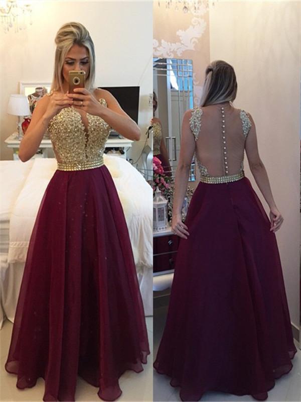 Round Neck Sleeveless Prom Dress with Golden Top and Burgundy Skirt, F morievent Round Neck Sleeveless Prom Dress with Golden Top and Burgundy Skirt, F morievent