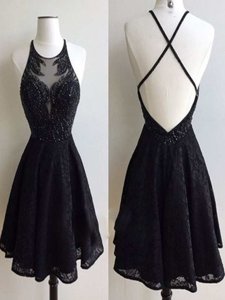 Custom Made Round Neck Short Black Lace Prom Dresses, Short Black Lace Formal Dresses